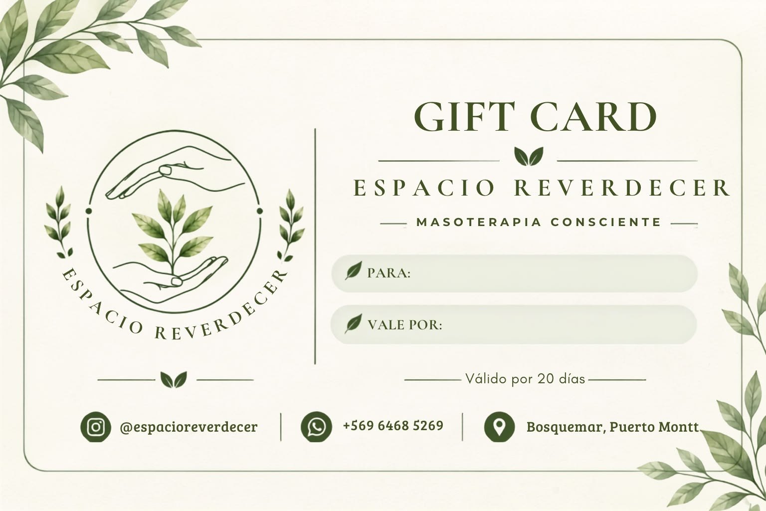 Gift card Espacio Reverdecer · Masoterapia consciente